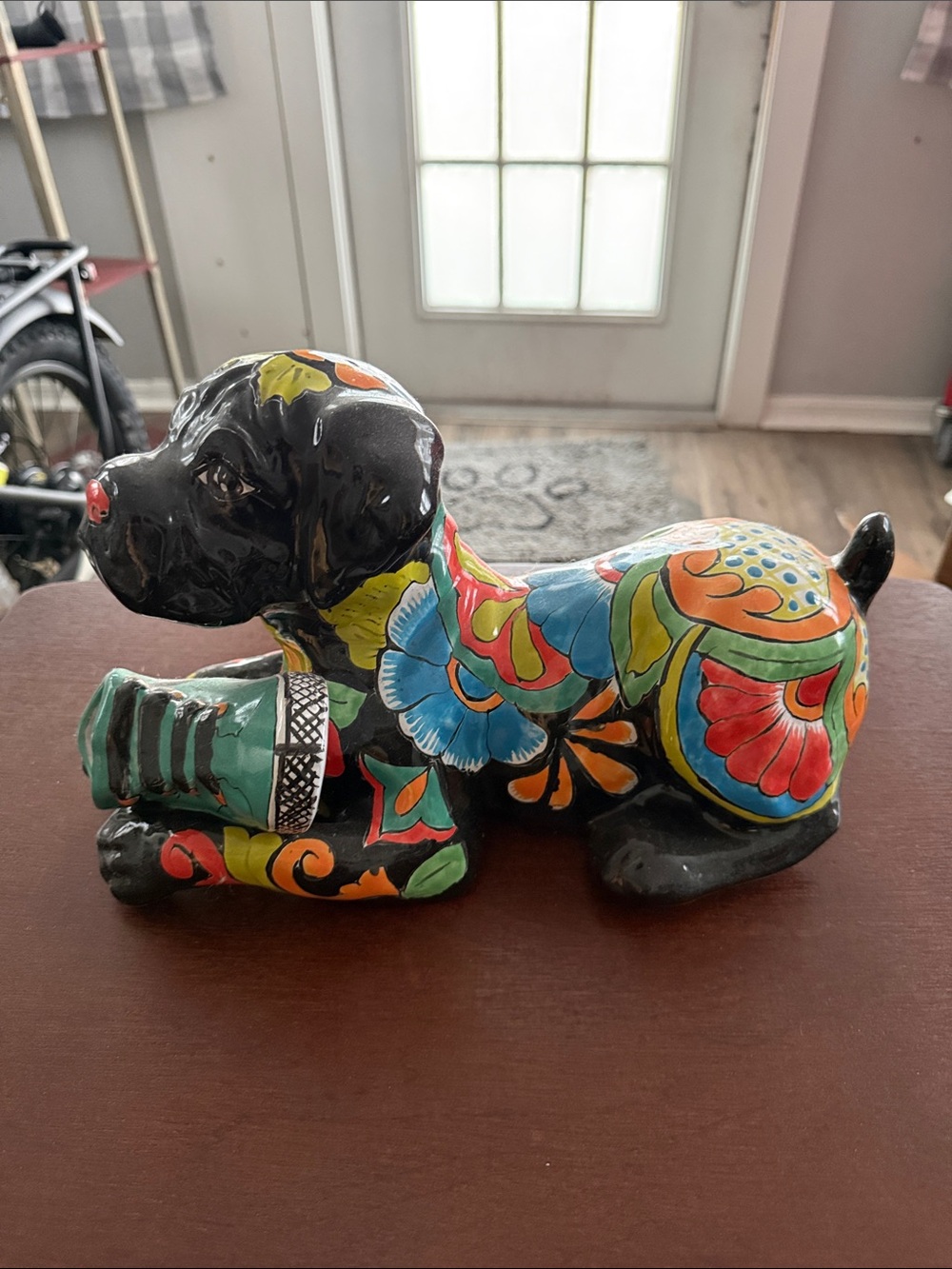 Source Unknown Black Ceramic Dog Figurine with Colorful Floral Motifs